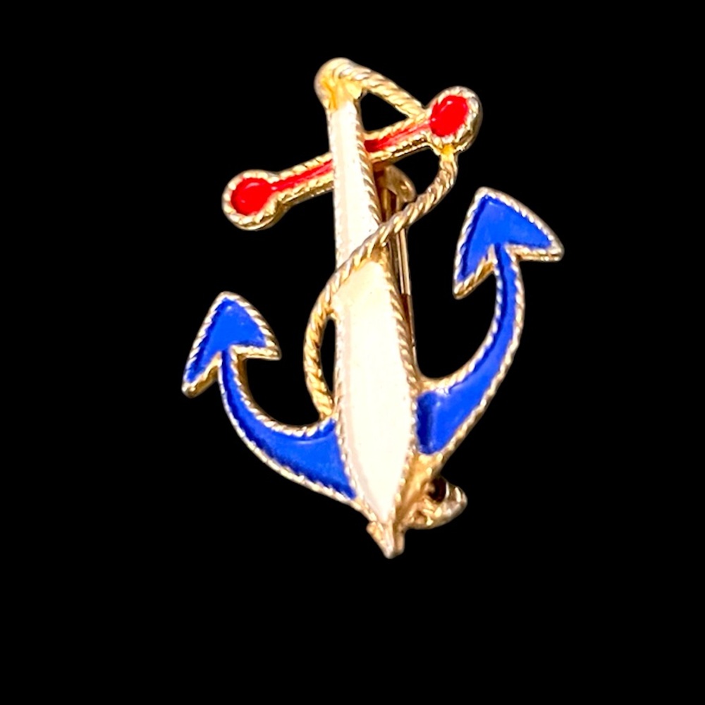 Vtg JJ Jonette Ship Nautical Patriotic Anchor Rope Red White Blue Pin Brooch